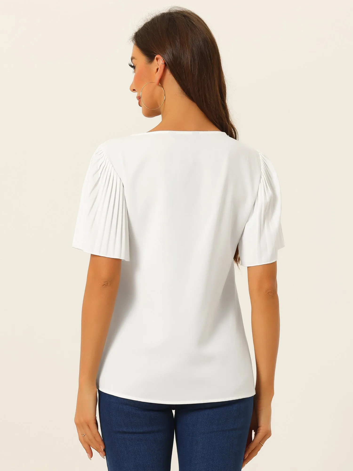 Flutter Sleeve Solid Round Neck Short Sleeve Blouse sold by Allegra K product image thumbnail 3