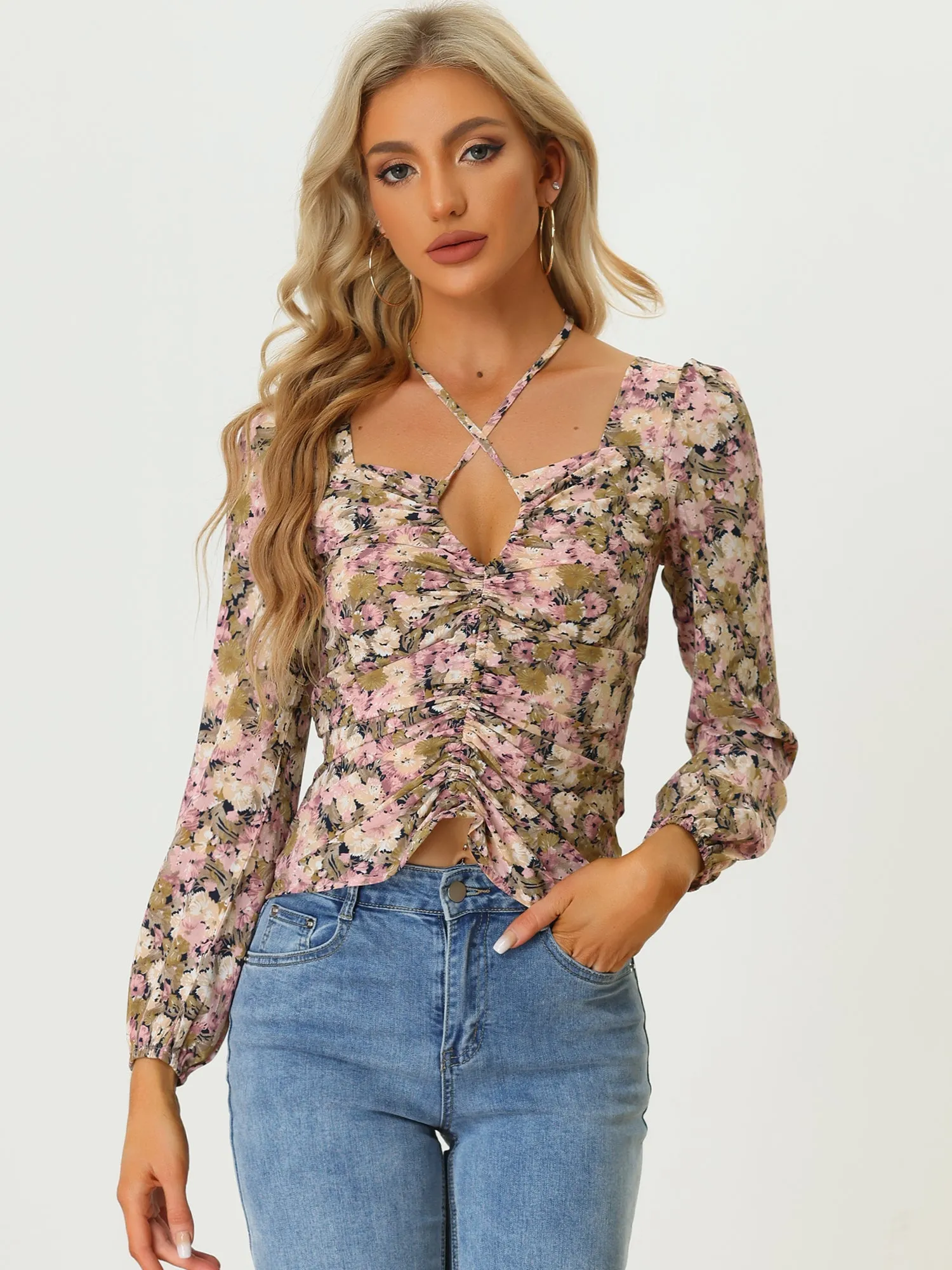 Crisscross Keyhole Halter Neck Cut Out Long Sleeve Floral Blouse sold by Allegra K