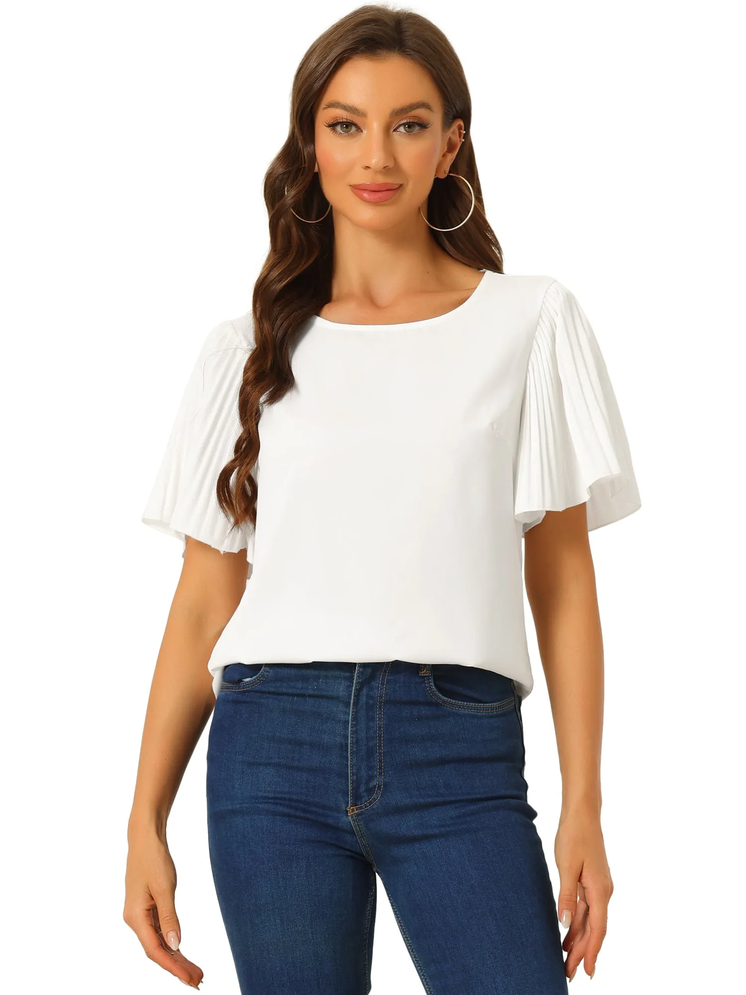 Flutter Sleeve Solid Round Neck Short Sleeve Blouse sold by Allegra K product image thumbnail 5