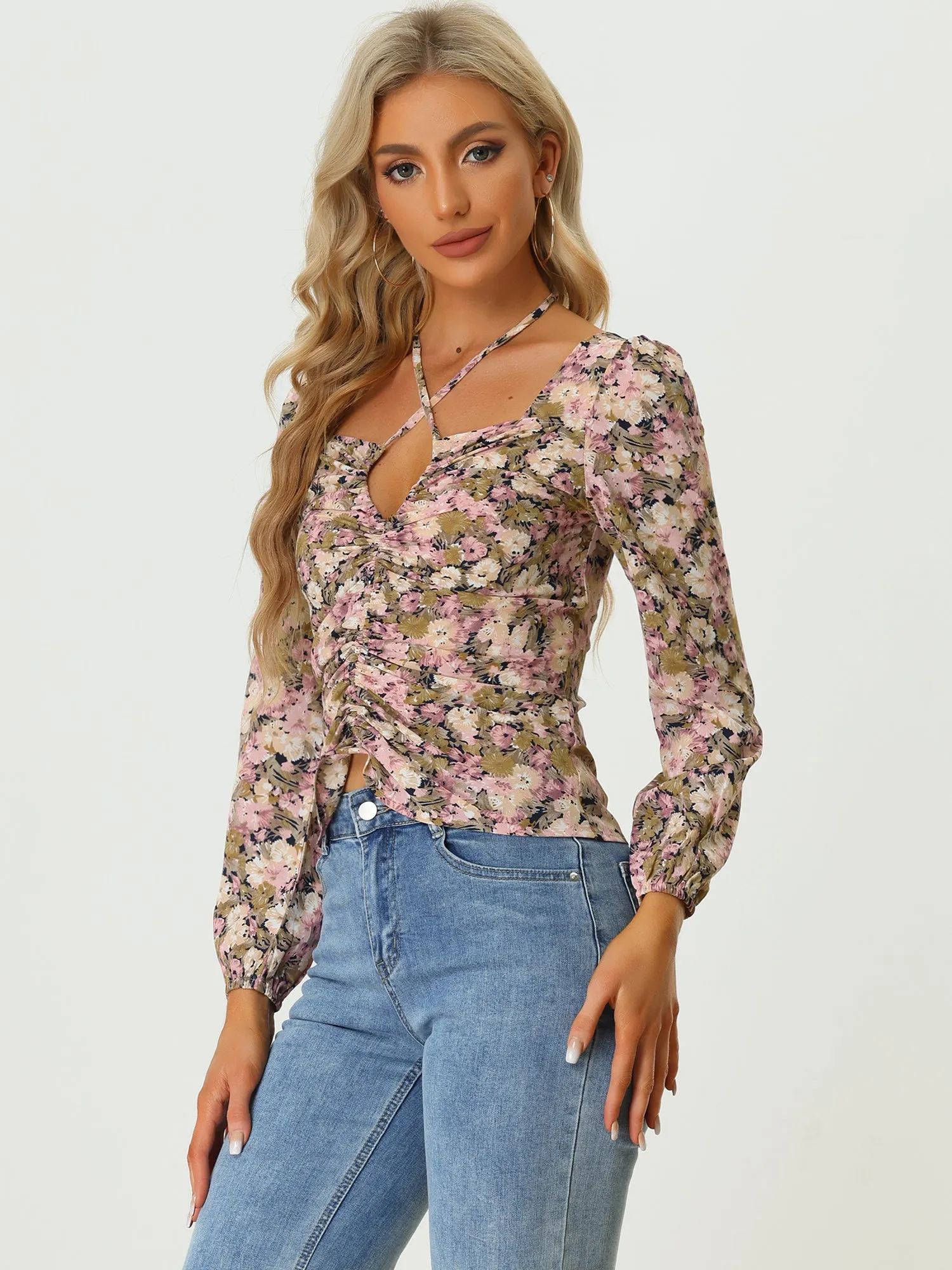 Crisscross Keyhole Halter Neck Cut Out Long Sleeve Floral Blouse sold by Allegra K product image thumbnail 2