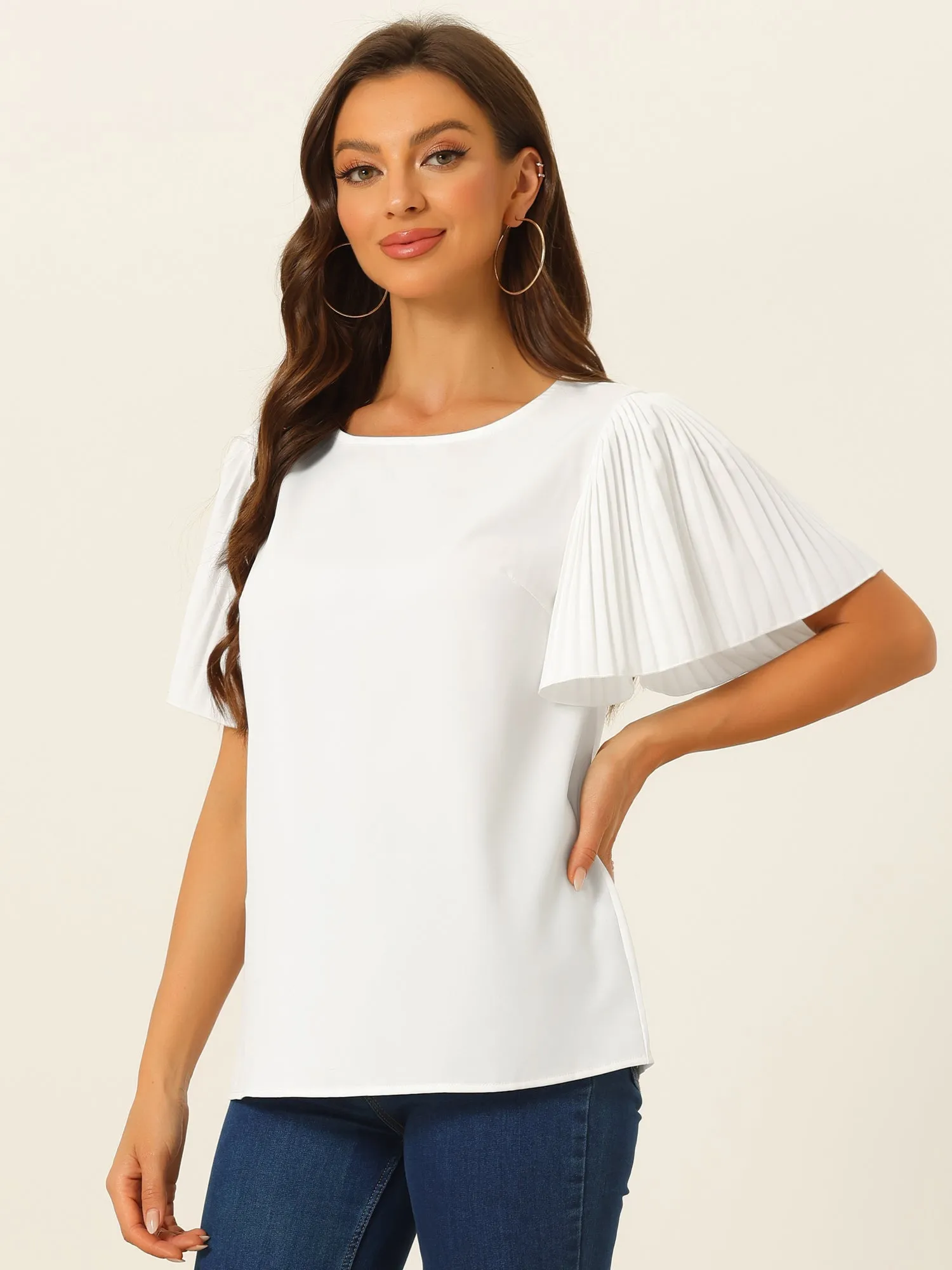Flutter Sleeve Solid Round Neck Short Sleeve Blouse sold by Allegra K