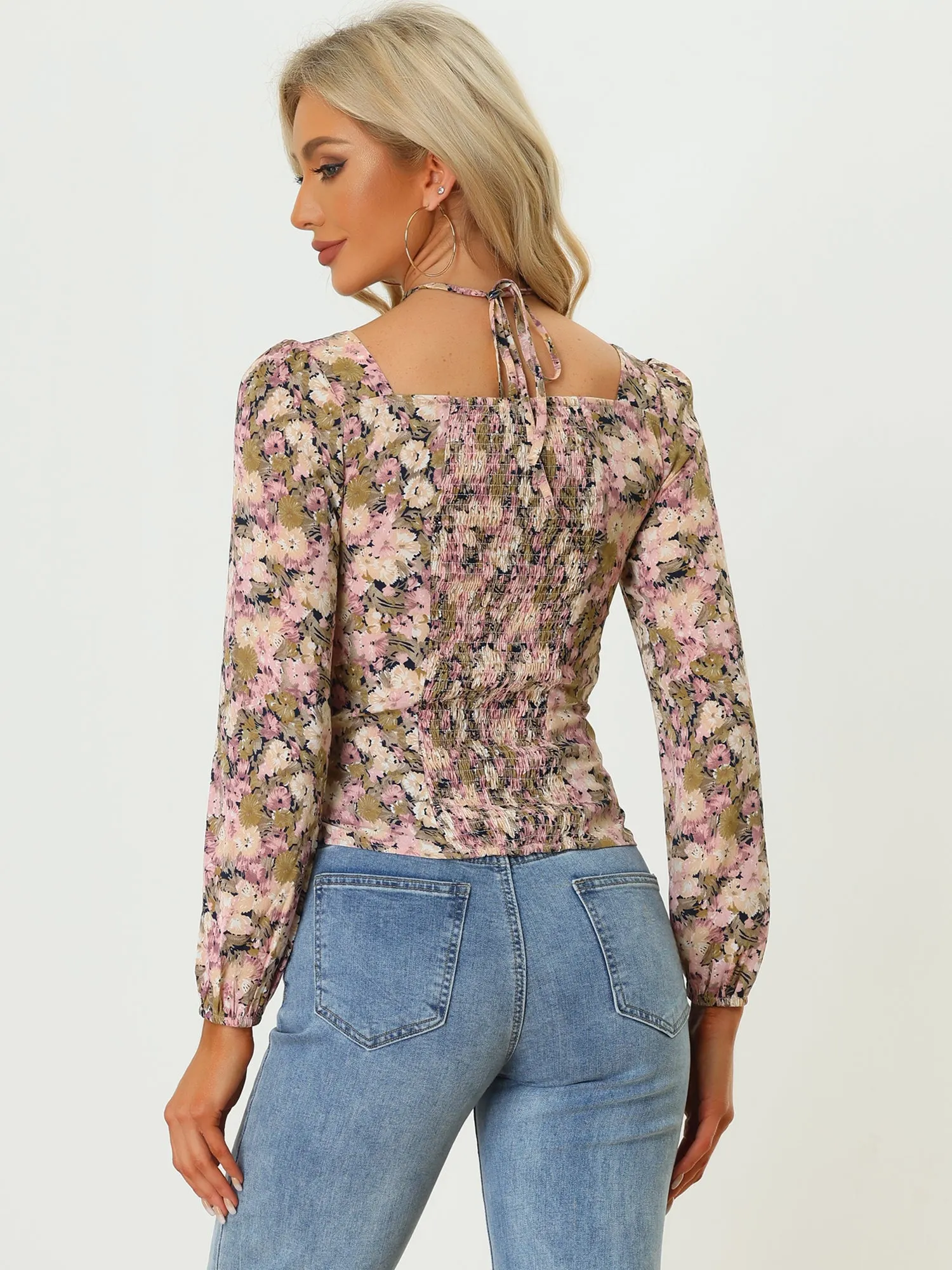 Crisscross Keyhole Halter Neck Cut Out Long Sleeve Floral Blouse sold by Allegra K product image thumbnail 3