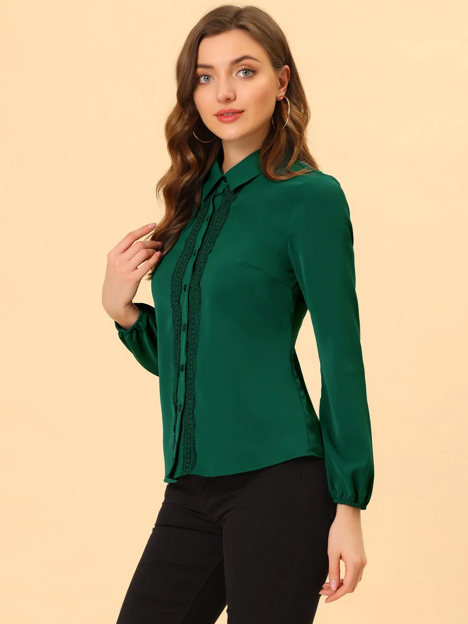 Button Down Shirt Lace Trim Long Sleeve Collared Work Blouse Top sold by Allegra K product image thumbnail 3