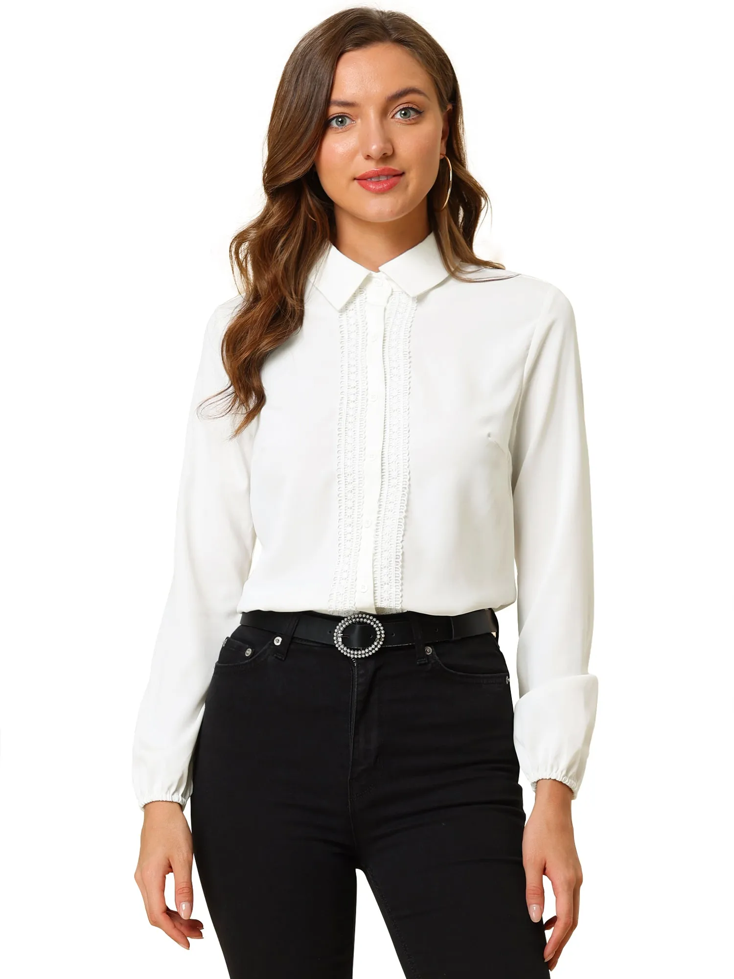 Button Down Shirt Lace Trim Long Sleeve Collared Work Blouse Top sold by Allegra K product image thumbnail 2