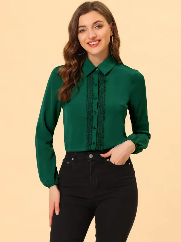Button Down Shirt Lace Trim Long Sleeve Collared Work Blouse Top sold by Allegra K