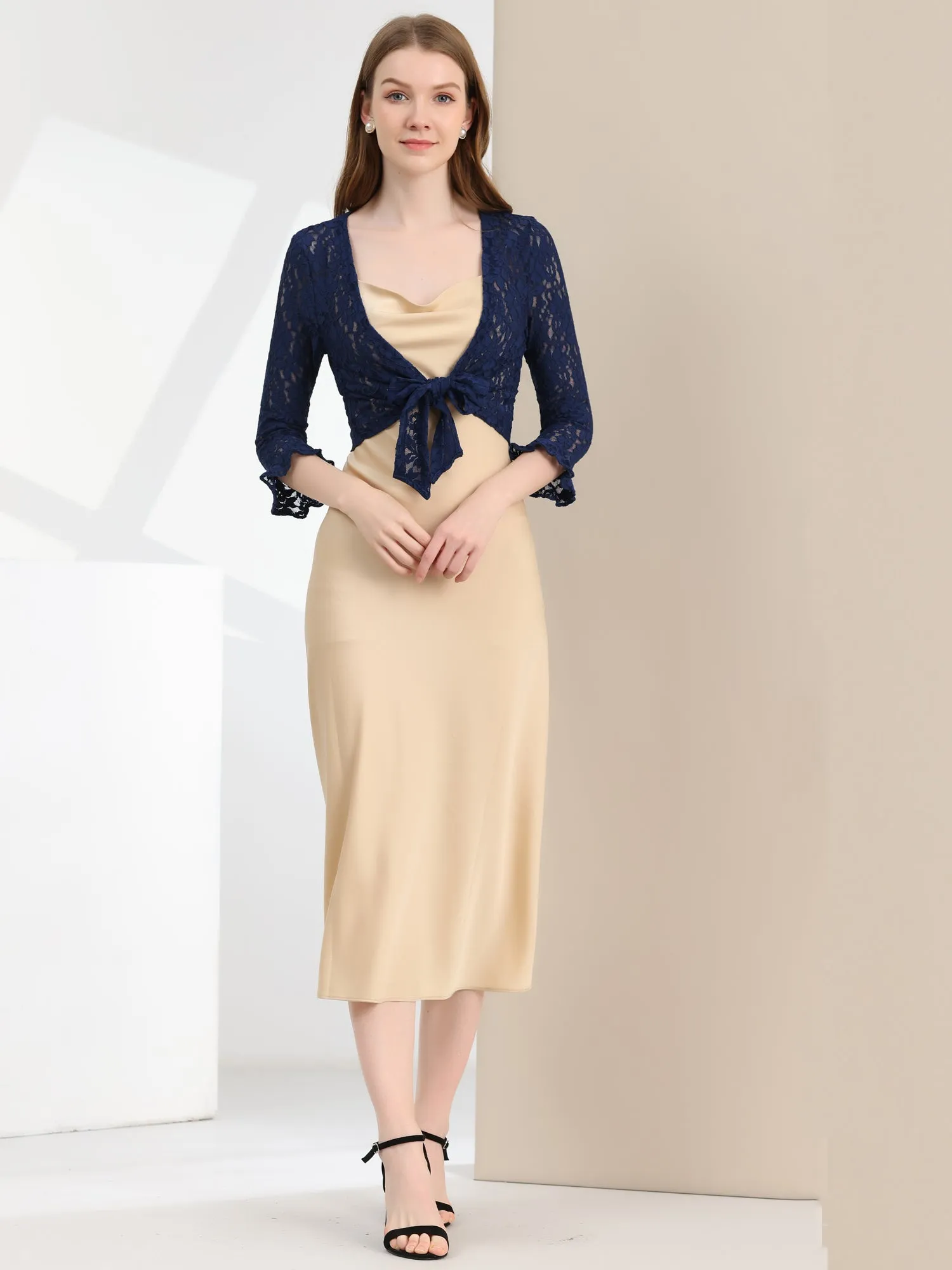 Elegant Ruffle 3/4 Sleeve Cropped Tie Front Lace Bolero Shrug sold by Allegra K product image thumbnail 3