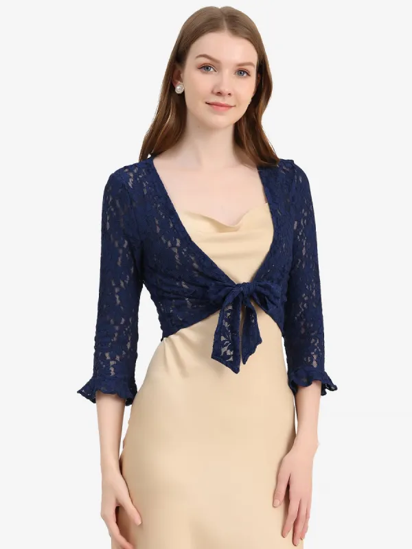 Elegant Ruffle 3/4 Sleeve Cropped Tie Front Lace Bolero Shrug sold by Allegra K
