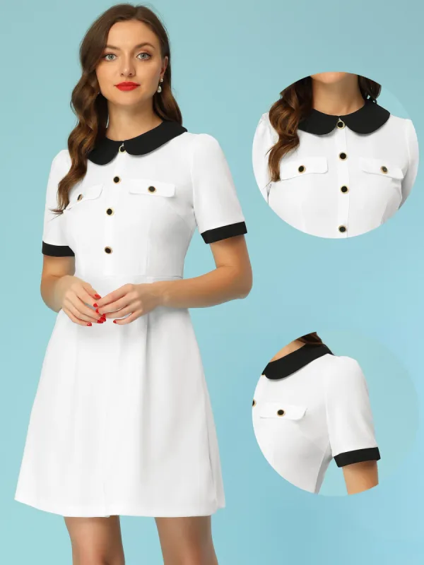 Peter Pan Collar Elegant Short Sleeve Button Decor Work Dress sold by Allegra K