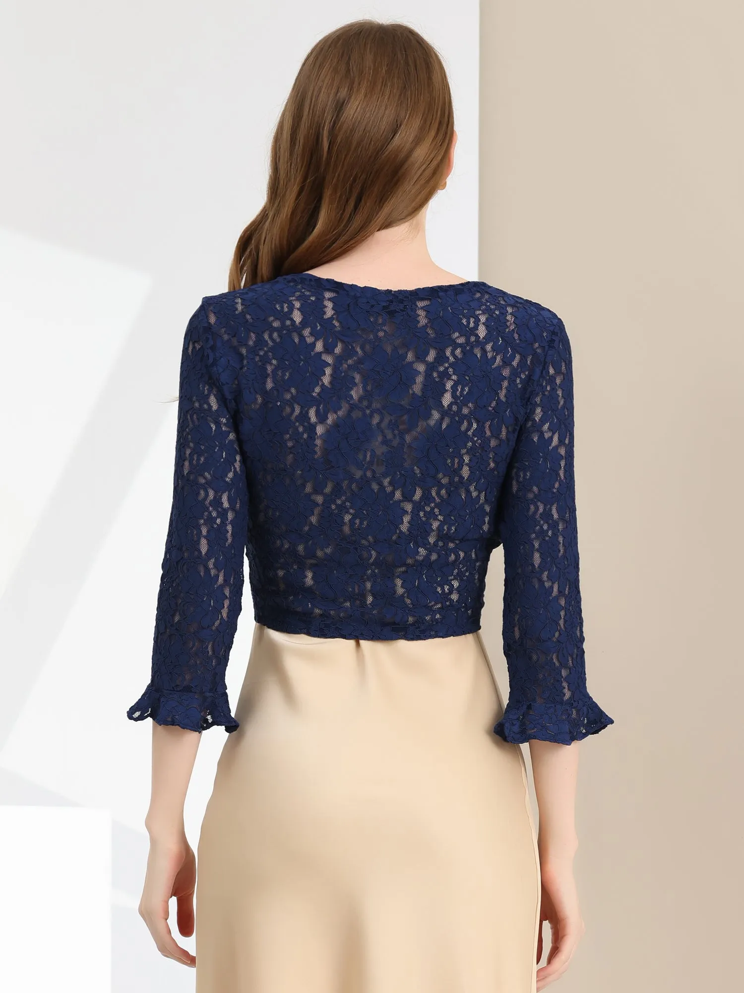 Elegant Ruffle 3/4 Sleeve Cropped Tie Front Lace Bolero Shrug sold by Allegra K product image thumbnail 4