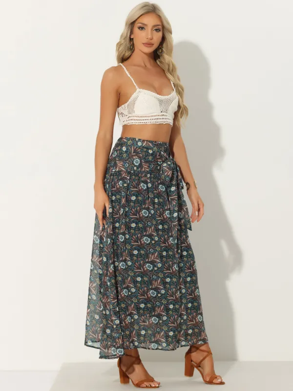 Smocked Tie Waist Chiffon Tropical Floral Maxi Boho Long Skirt sold by Allegra K