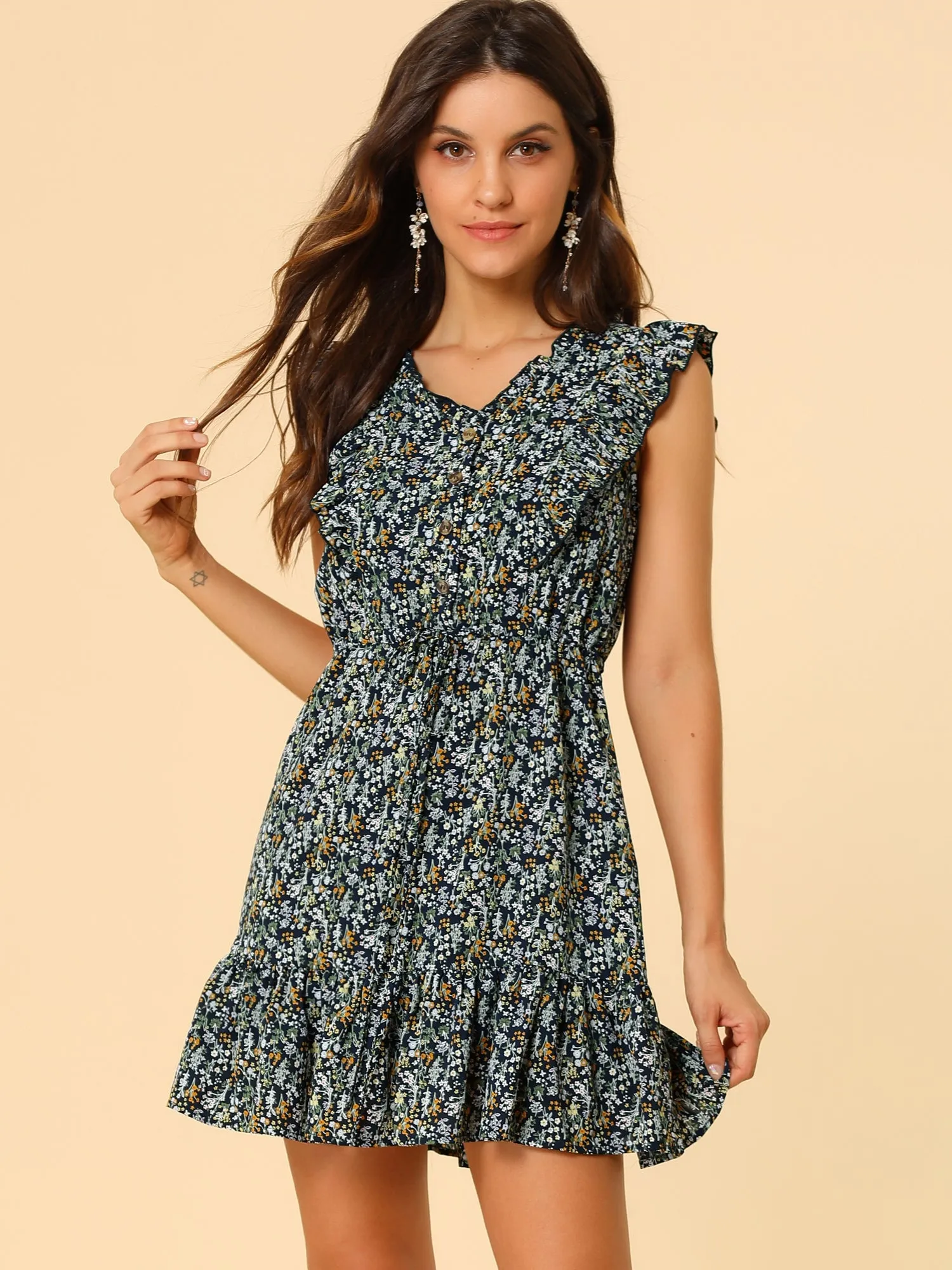 Floral V Neck Flutter Sleeve Button Front Mini Ruffle Dress sold by Allegra K product image thumbnail 3
