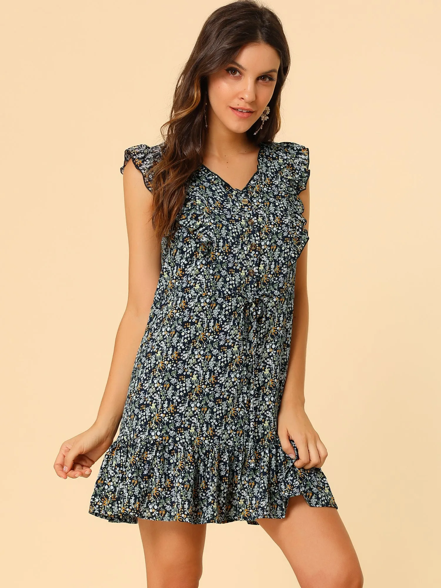Floral V Neck Flutter Sleeve Button Front Mini Ruffle Dress sold by Allegra K product image thumbnail 2