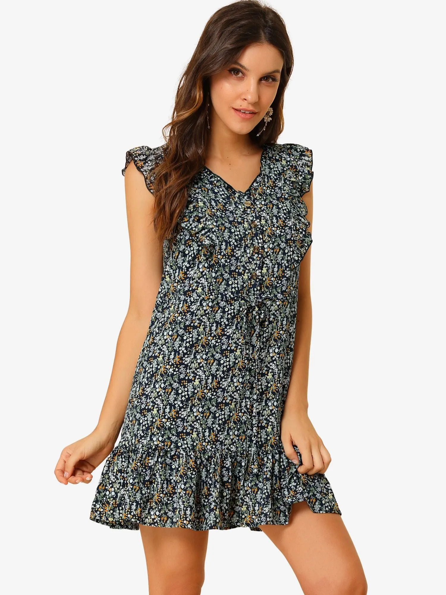 Floral V Neck Flutter Sleeve Button Front Mini Ruffle Dress sold by Allegra K