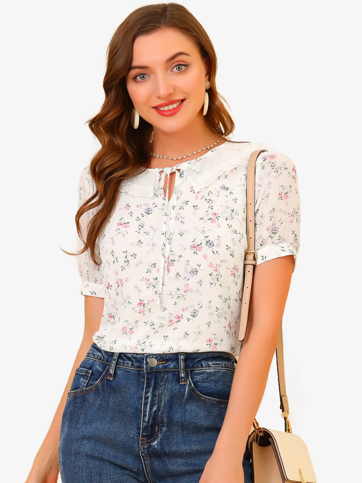 Floral Blouse Peter Pan Collar Tie Neck Chiffon Shirt Top sold by Allegra K