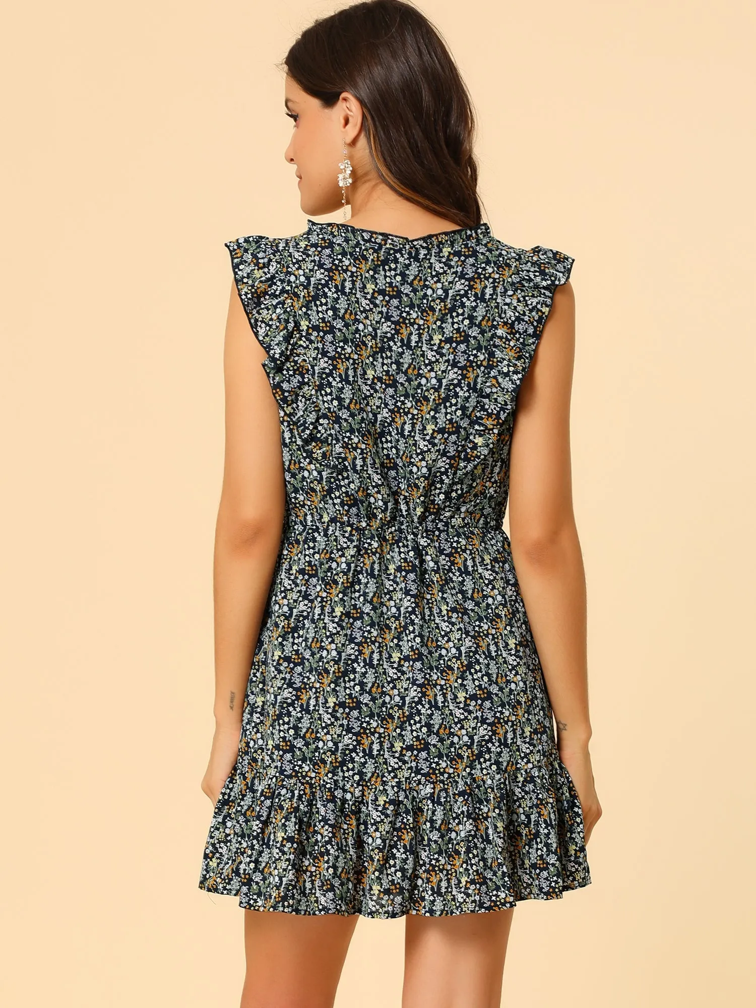 Floral V Neck Flutter Sleeve Button Front Mini Ruffle Dress sold by Allegra K product image thumbnail 5