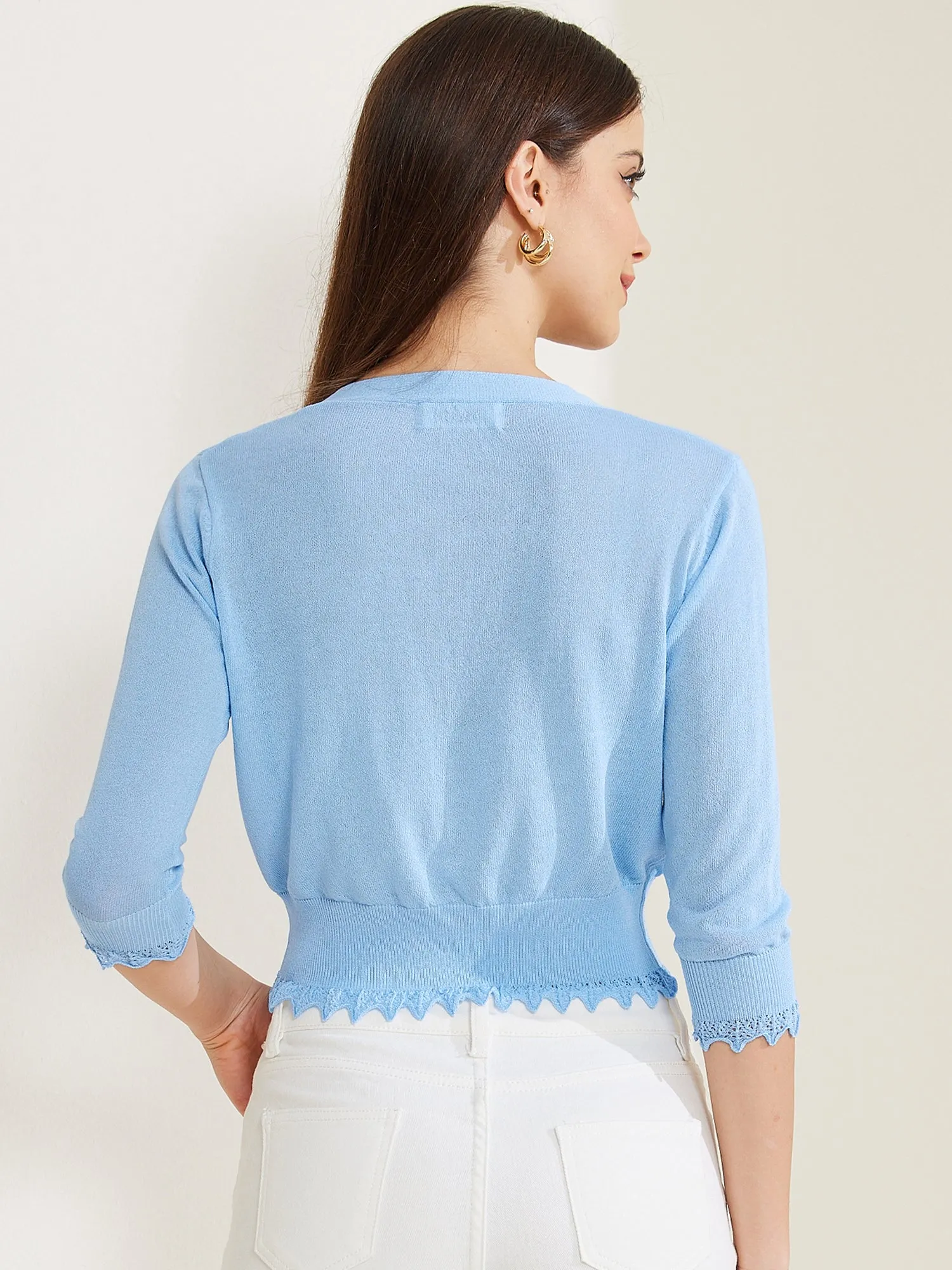 3/4 Sleeve Button Down Summer Knit Cropped Top sold by Allegra K product image thumbnail 3