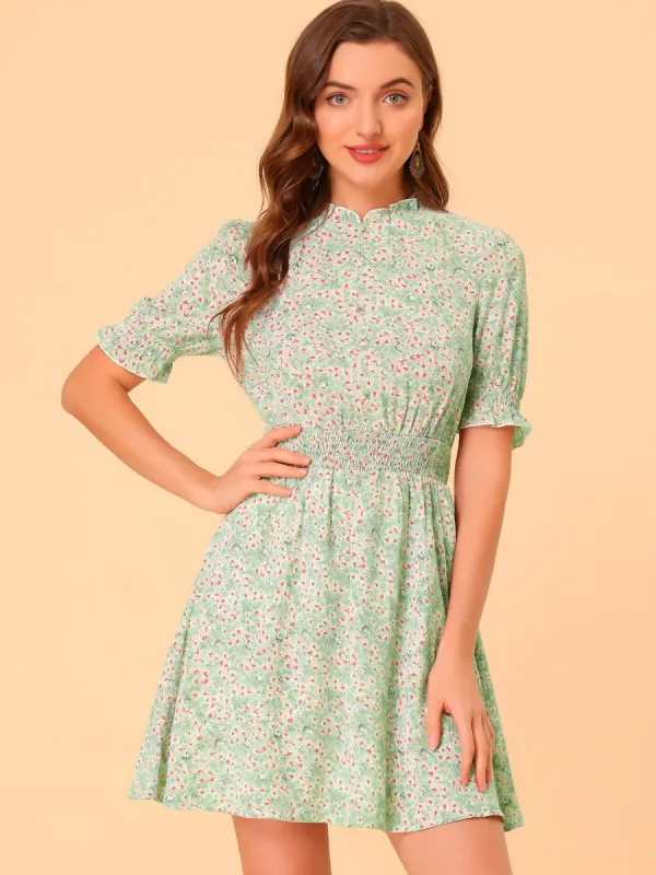 Ditsy Floral Ruffle Neck Short Sleeve Smocked Waist Dress sold by Allegra K