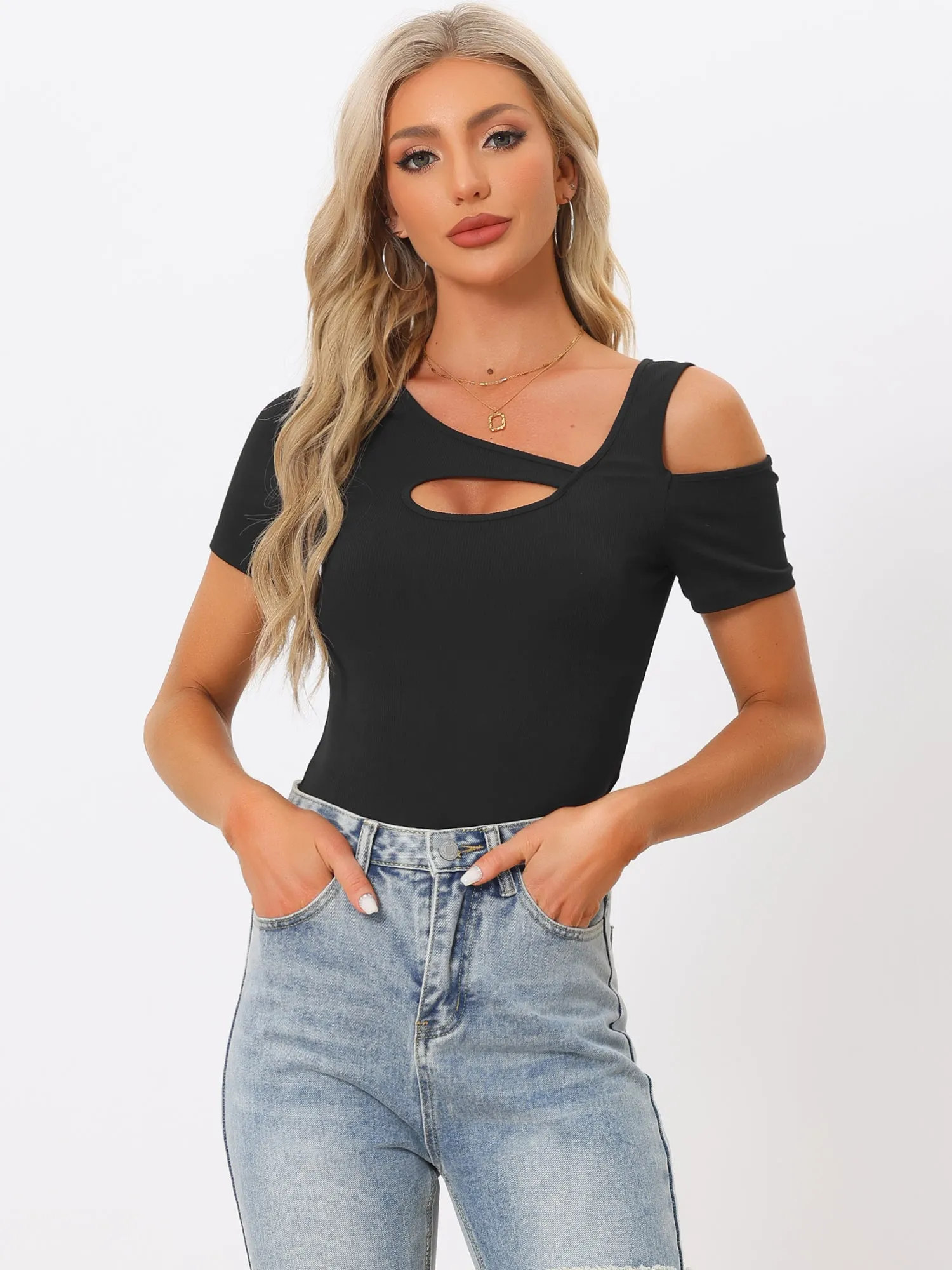 Sexy Cut Out Short Sleeve Cold Shoulder Top Bodysuits sold by Allegra K product image thumbnail 4