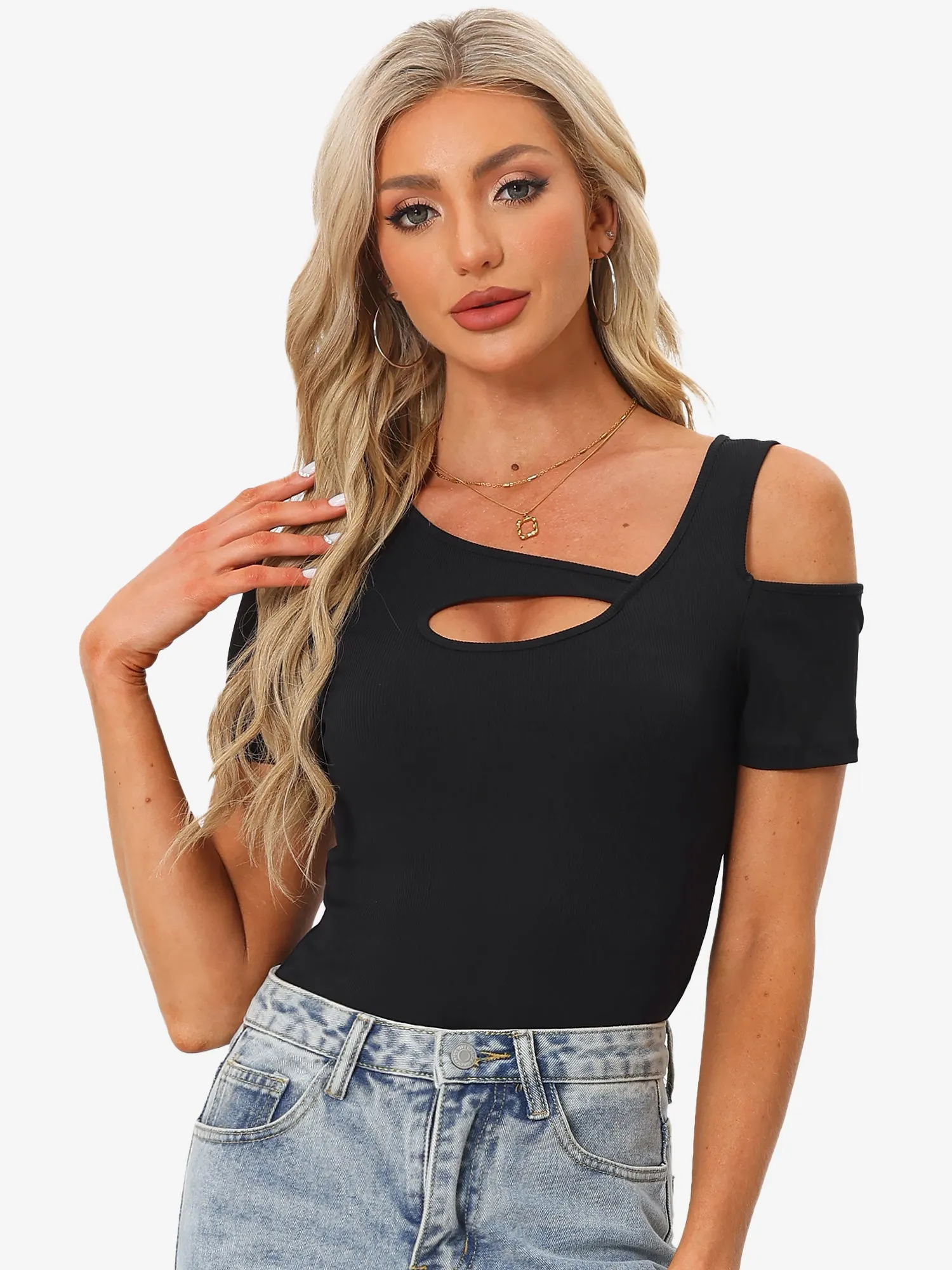 Sexy Cut Out Short Sleeve Cold Shoulder Top Bodysuits sold by Allegra K