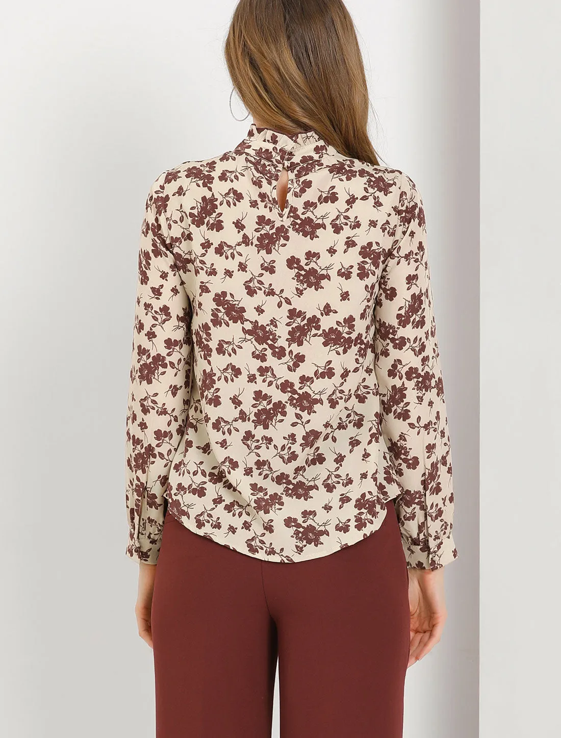 Ruffle Stand Collar Floral Print Long Sleeve Blouse Top sold by Allegra K product image thumbnail 3