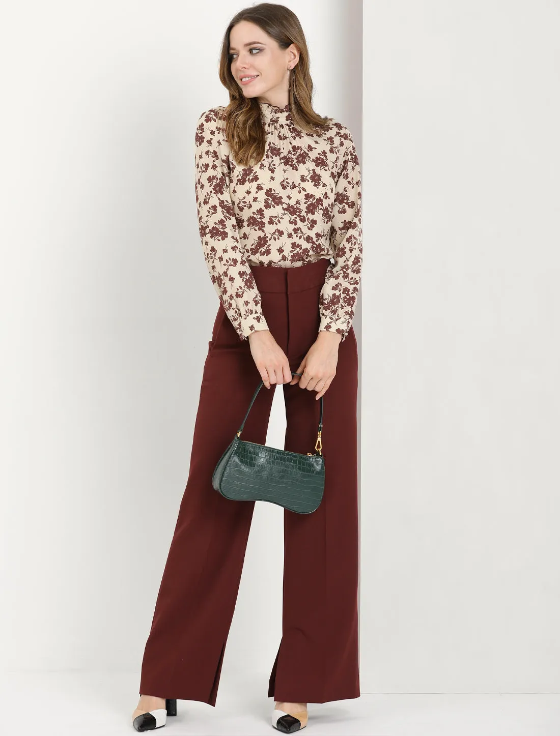 Ruffle Stand Collar Floral Print Long Sleeve Blouse Top sold by Allegra K product image thumbnail 4