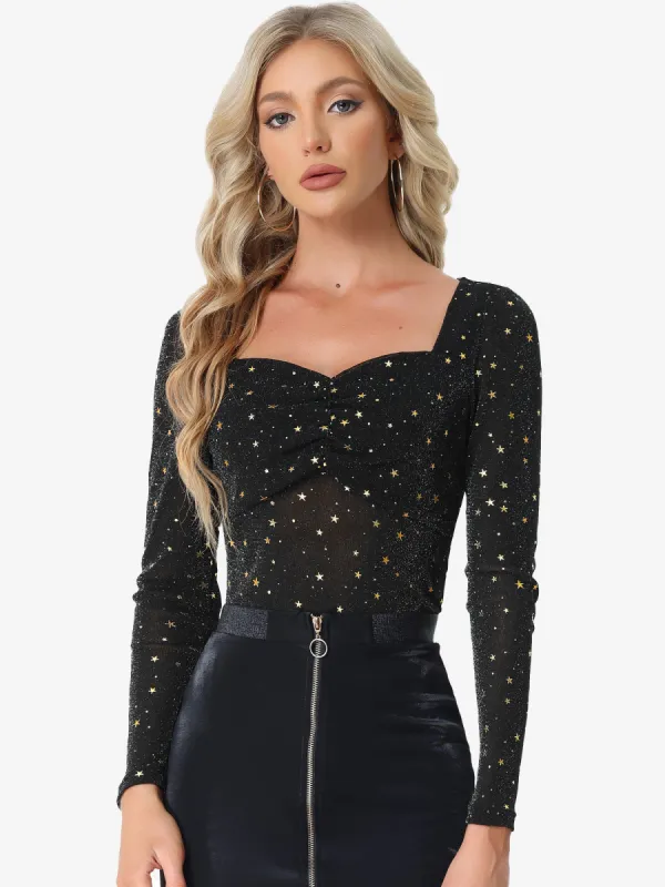 Glitter Sheer Mesh Long Sleeve Sweetheart Neckline Party Blouse sold by Allegra K