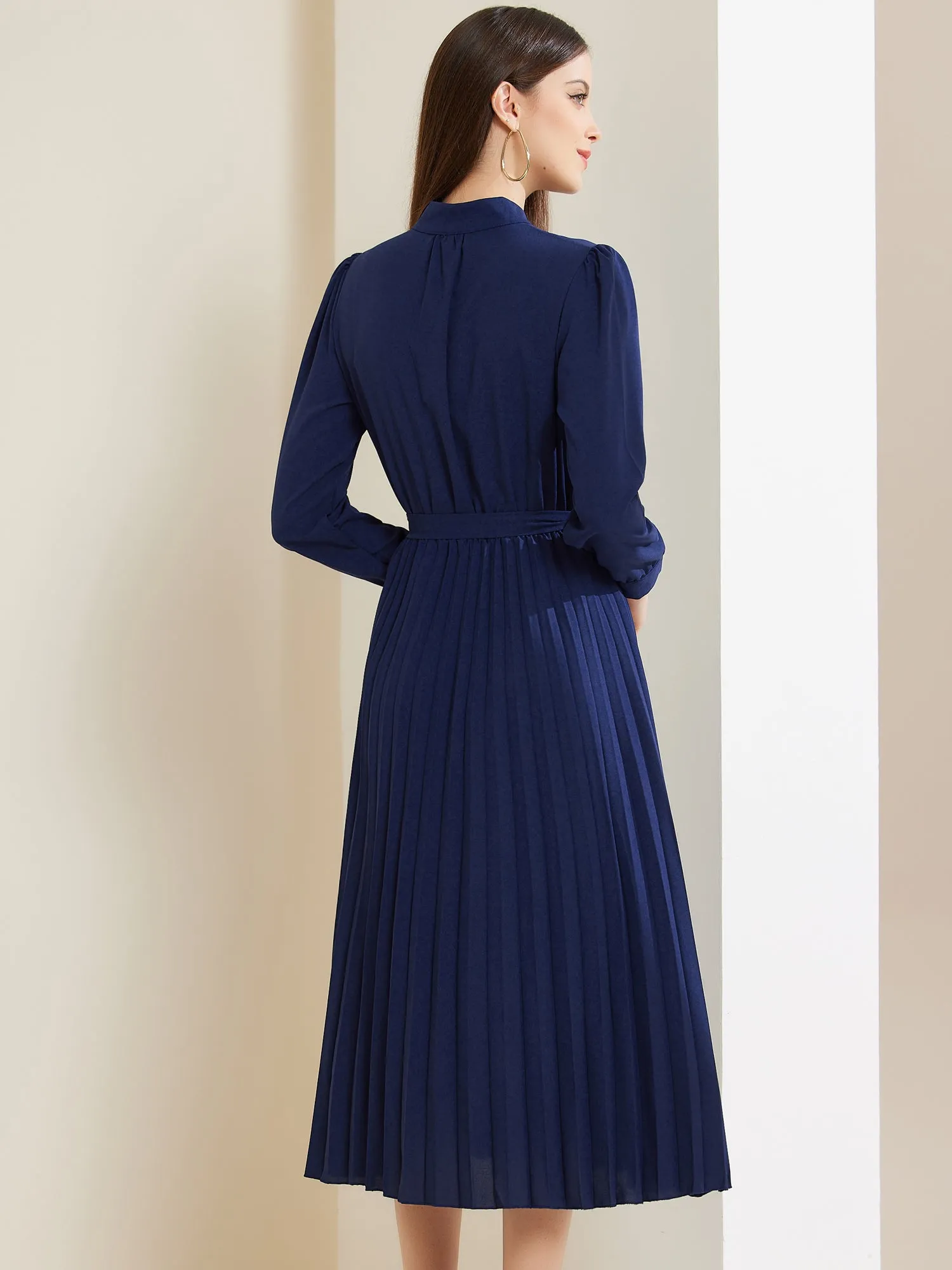 Long Sleeve Mock Neck A-Line Midi Pleated Shirt Dress sold by Allegra K product image thumbnail 3