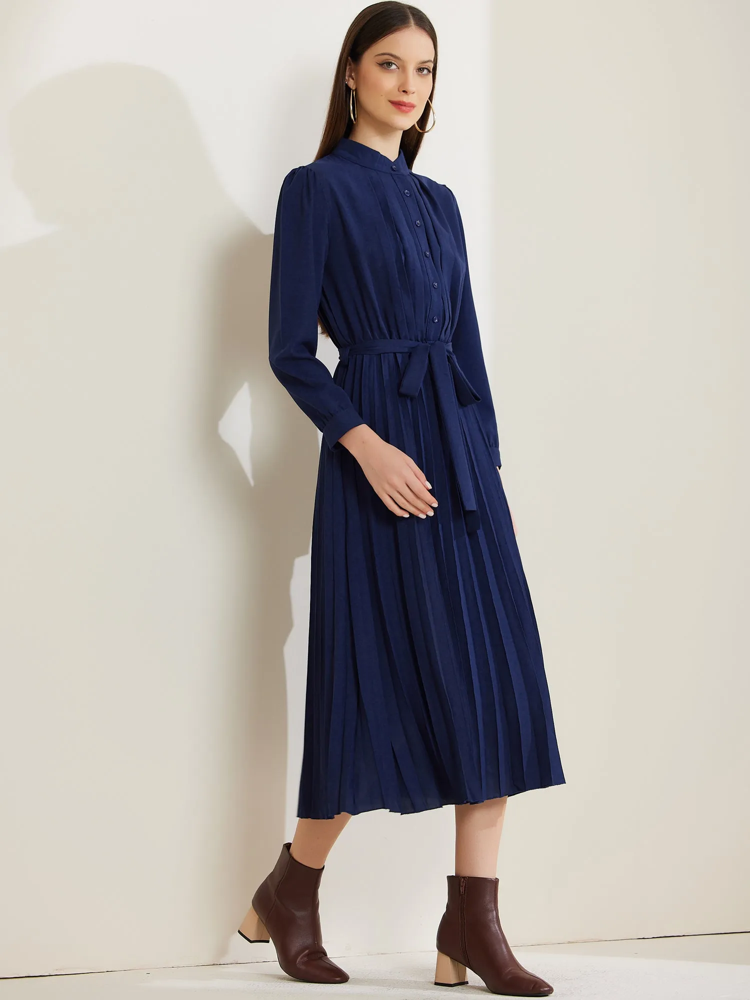 Long Sleeve Mock Neck A-Line Midi Pleated Shirt Dress sold by Allegra K