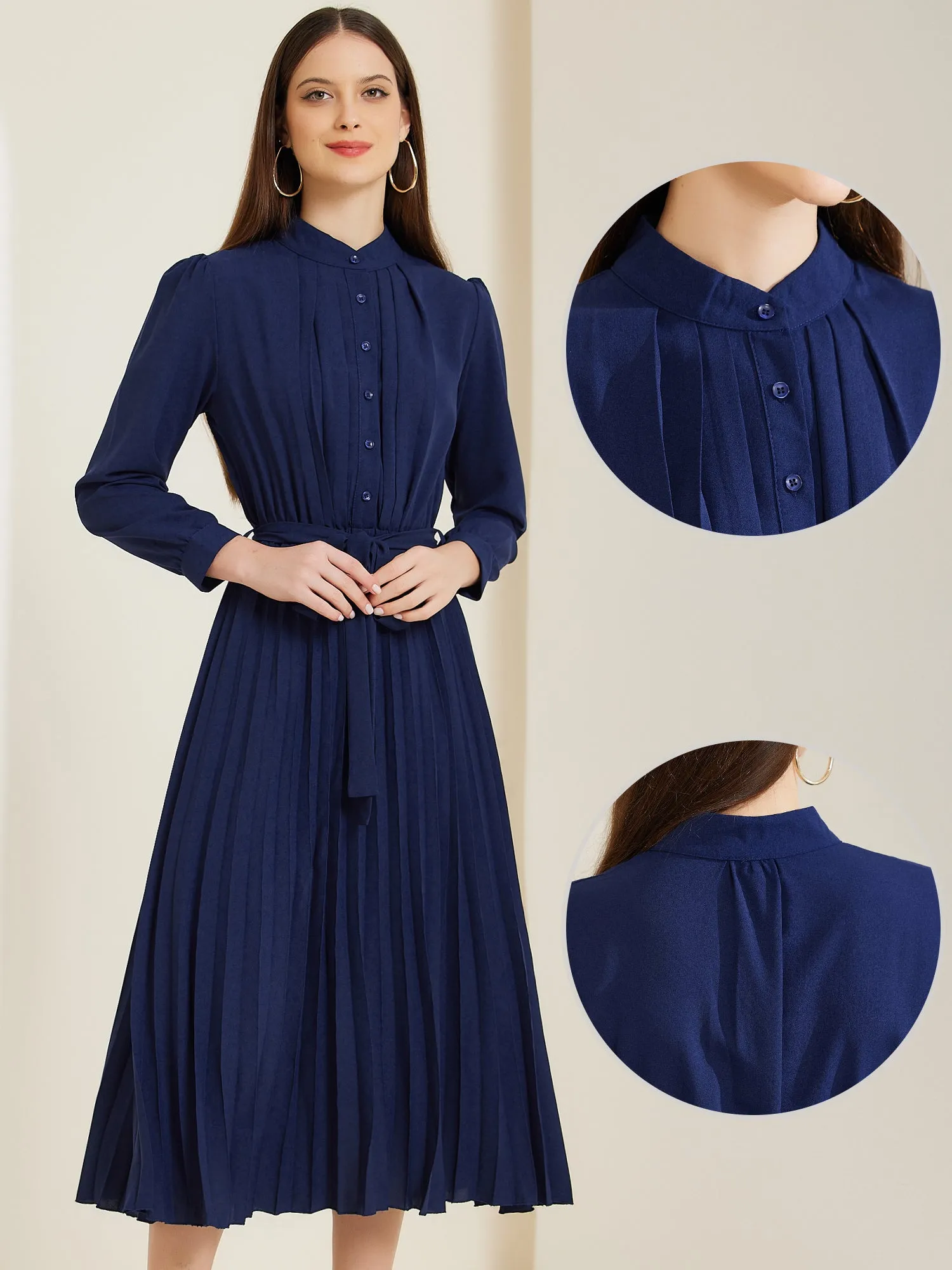 Long Sleeve Mock Neck A-Line Midi Pleated Shirt Dress sold by Allegra K product image thumbnail 2