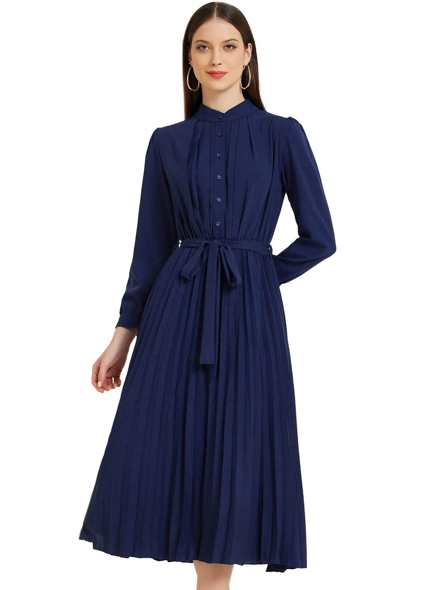 Long Sleeve Mock Neck A-Line Midi Pleated Shirt Dress sold by Allegra K product image thumbnail 5