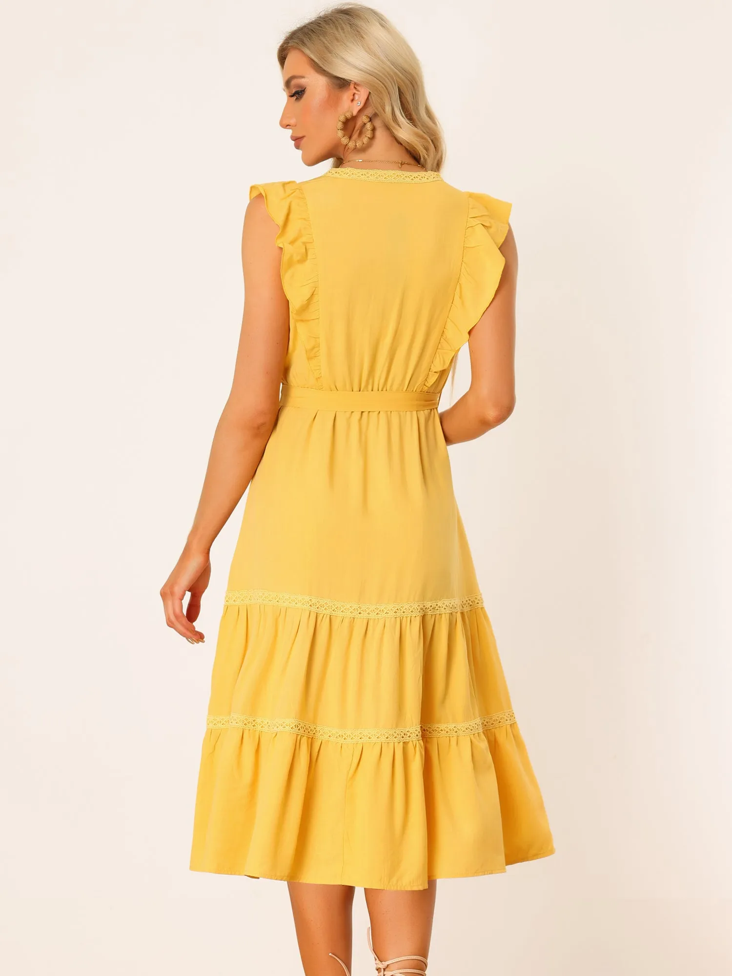 Boho V Neck Flowy Crochet Trim Sleeveless Ruffled Tiered Midi Dress Sundress sold by Allegra K product image thumbnail 3