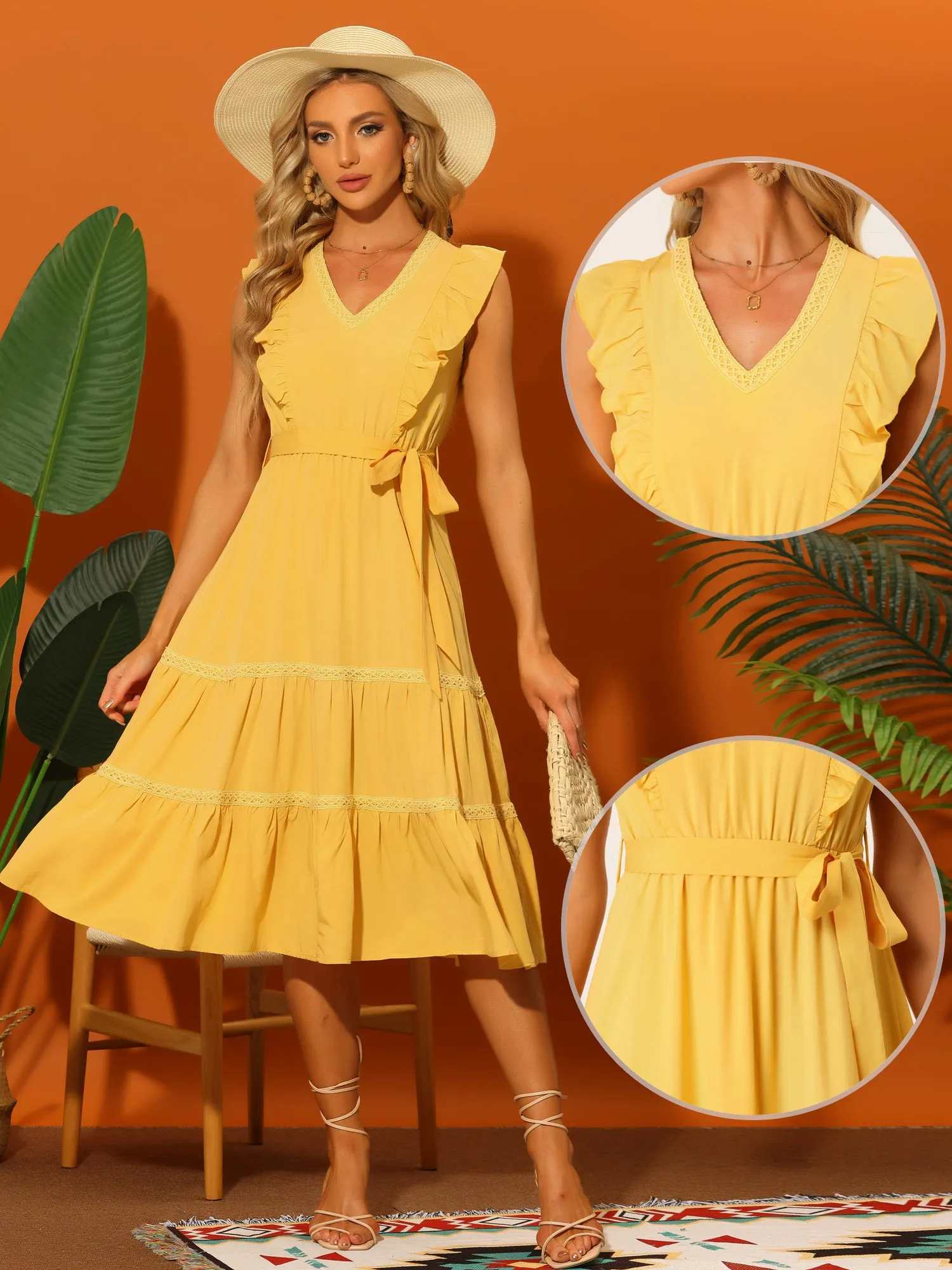 Boho V Neck Flowy Crochet Trim Sleeveless Ruffled Tiered Midi Dress Sundress sold by Allegra K product image thumbnail 2