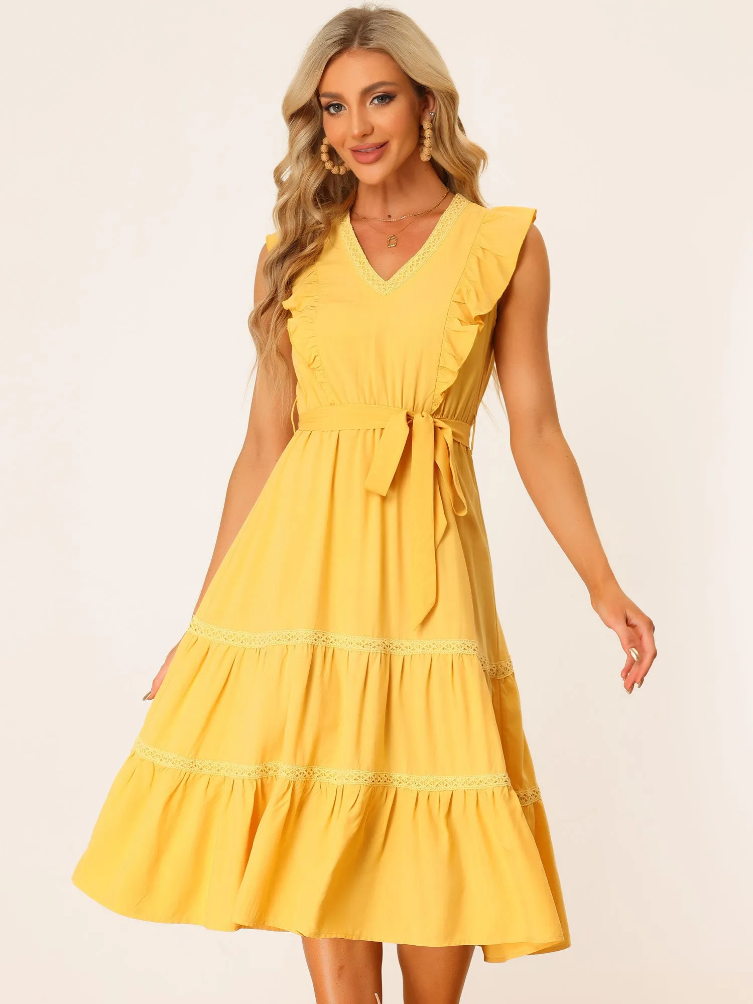 Boho V Neck Flowy Crochet Trim Sleeveless Ruffled Tiered Midi Dress Sundress sold by Allegra K