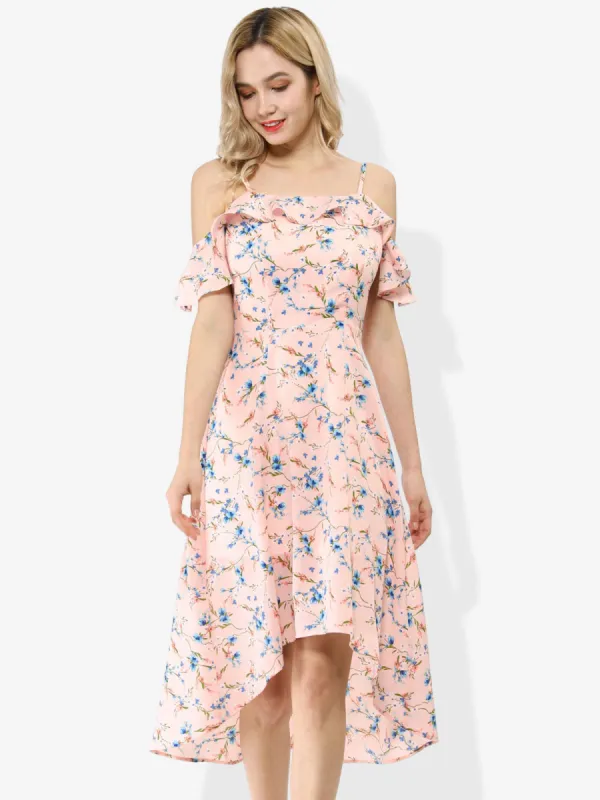 Spaghetti Strap Asymmetrical High Low Floral A-Line Midi Dress sold by Allegra K