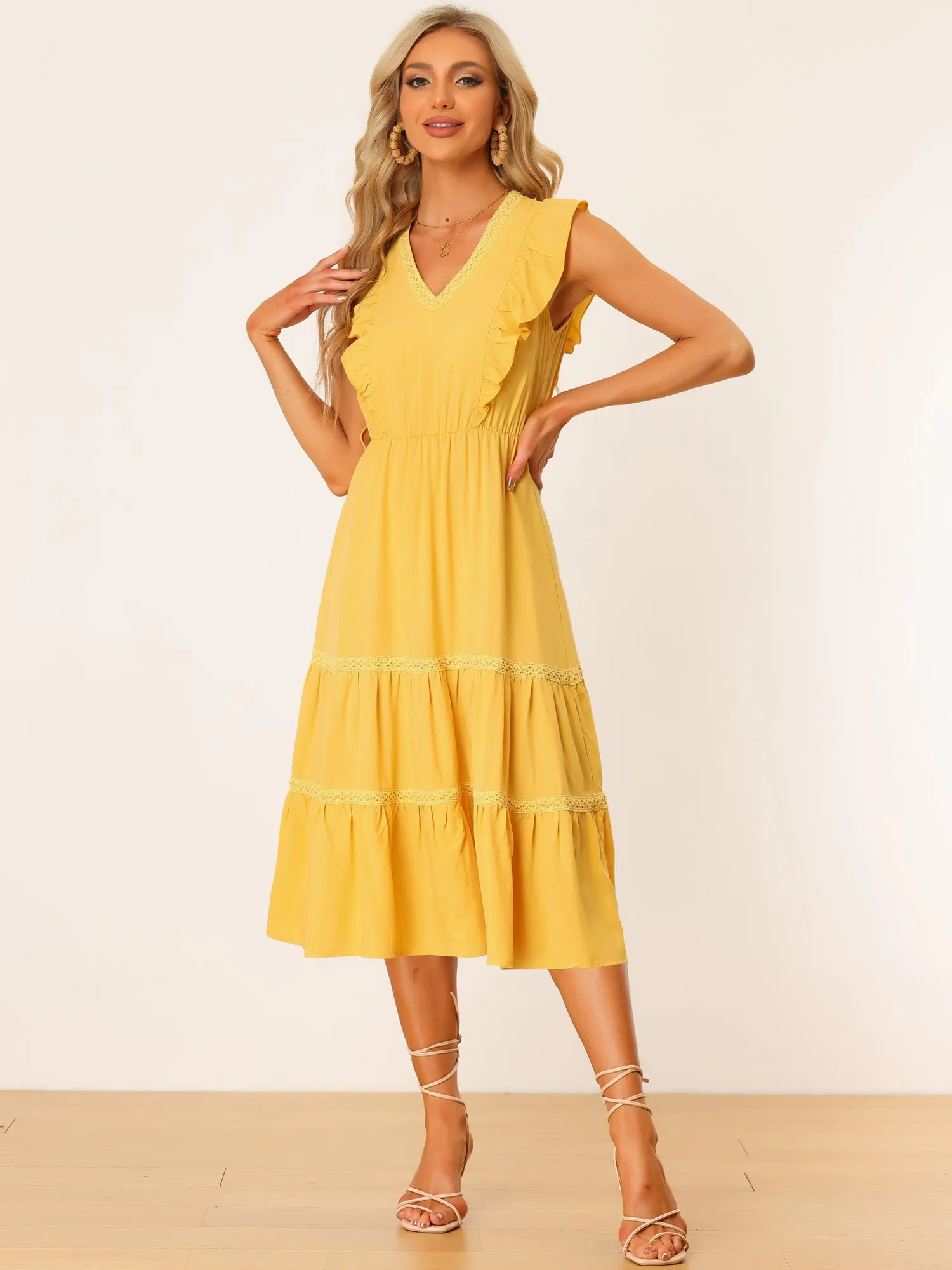 Boho V Neck Flowy Crochet Trim Sleeveless Ruffled Tiered Midi Dress Sundress sold by Allegra K product image thumbnail 4