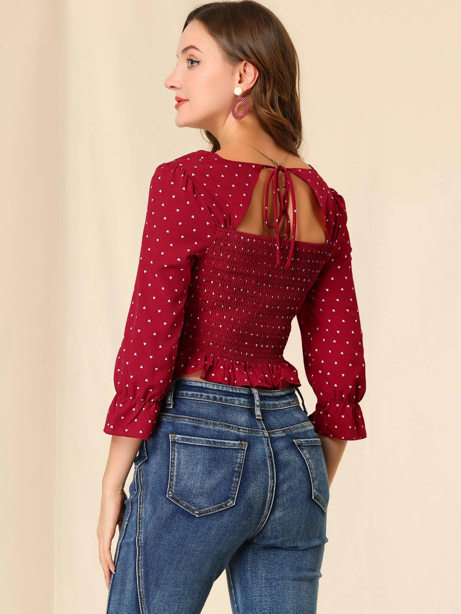 Square Neck Heart Print Blouse Ruffle Hem Smocked Crop Top sold by Allegra K product image thumbnail 5