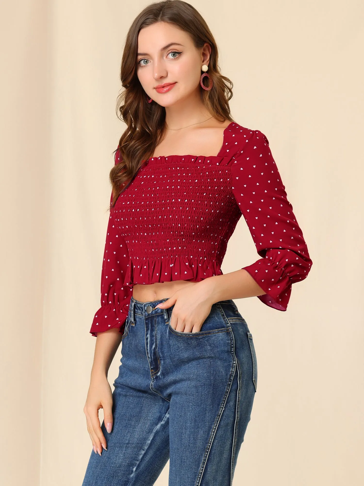 Square Neck Heart Print Blouse Ruffle Hem Smocked Crop Top sold by Allegra K product image thumbnail 4