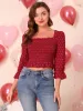 Square Neck Heart Print Blouse Ruffle Hem Smocked Crop Top sold by Allegra K