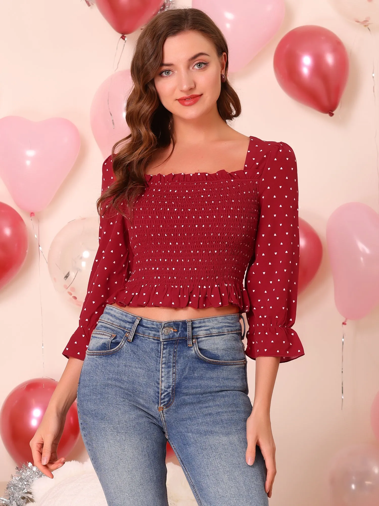 Square Neck Heart Print Blouse Ruffle Hem Smocked Crop Top sold by Allegra K product image thumbnail 2