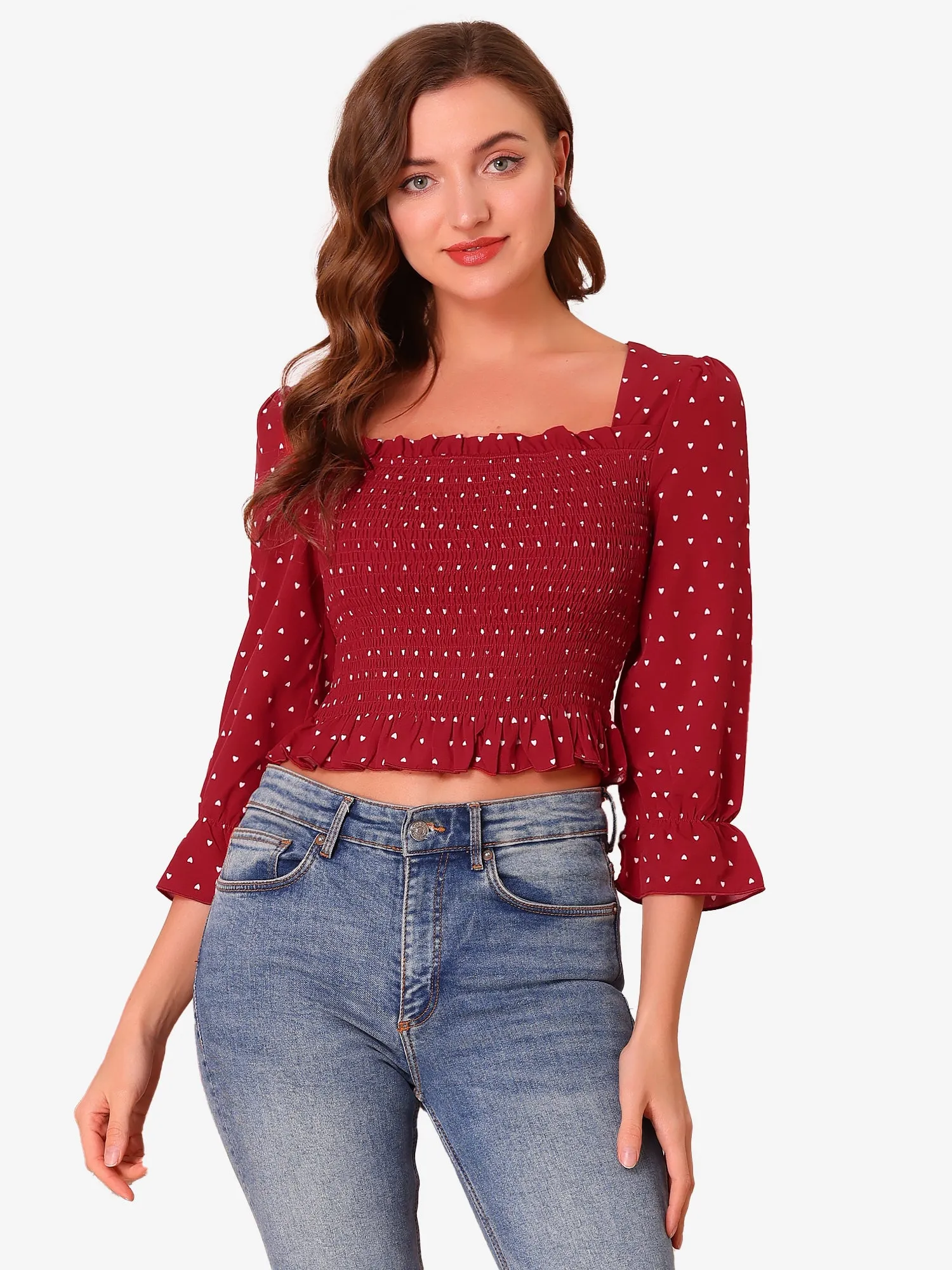Square Neck Heart Print Blouse Ruffle Hem Smocked Crop Top sold by Allegra K