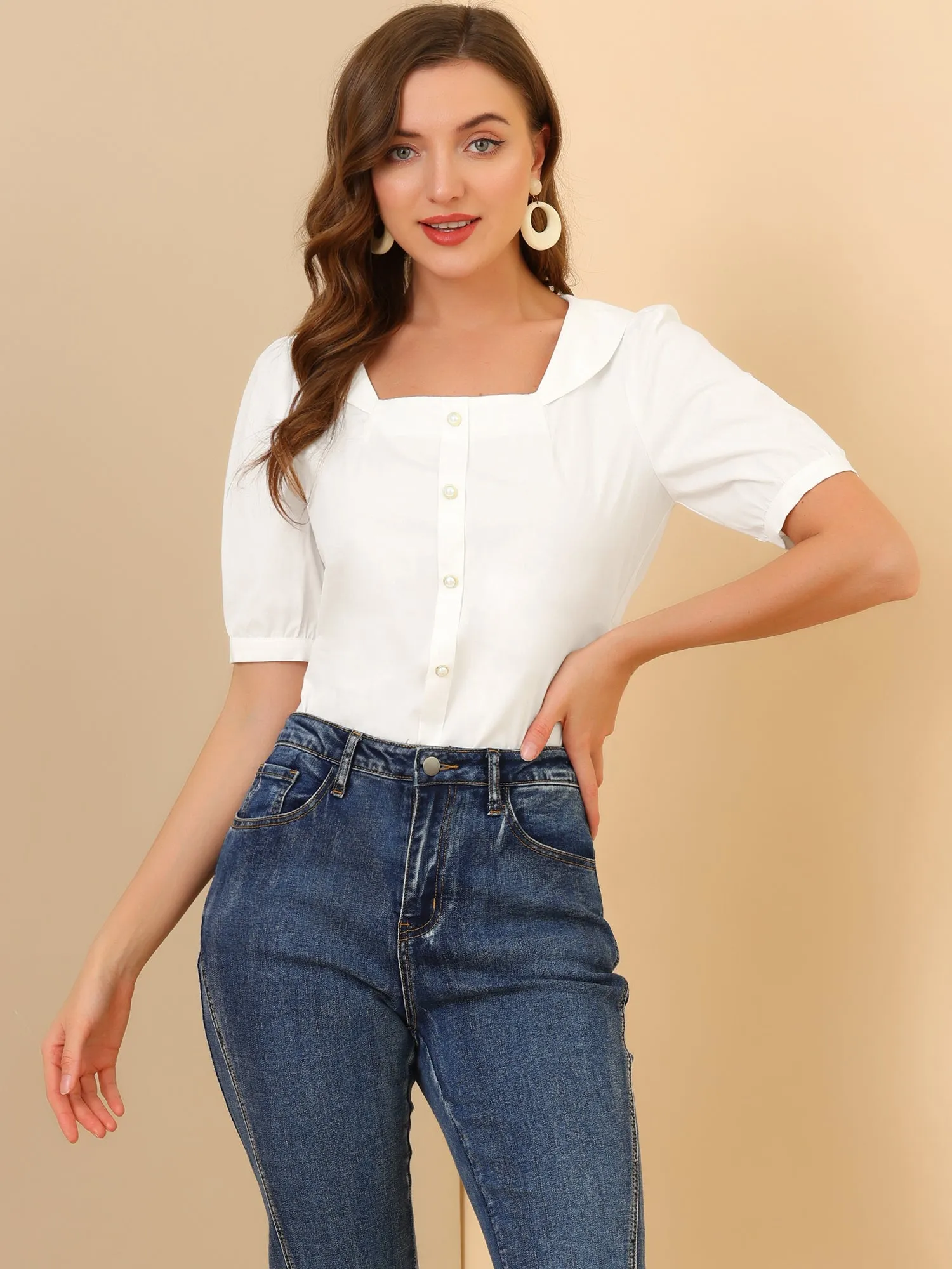 Peasant Square Neck Pearl Button Decor Casual Elegant Top sold by Allegra K product image thumbnail 2