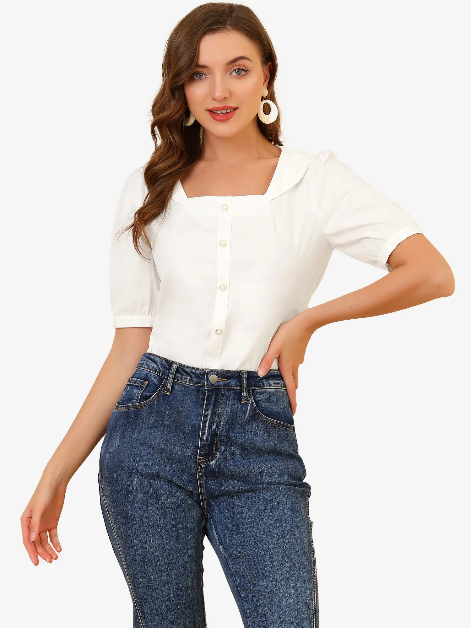 Peasant Square Neck Pearl Button Decor Casual Elegant Top sold by Allegra K
