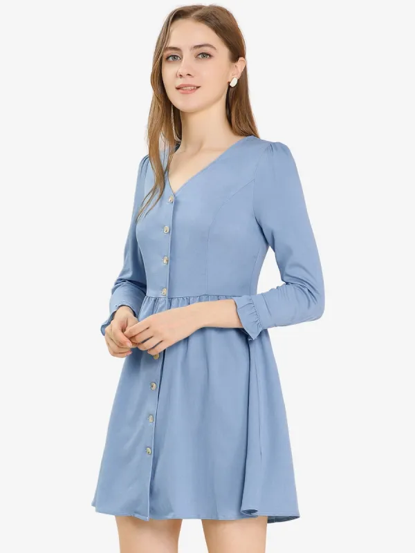 V Neck Button Down Ruffle Soft A-Line Dress sold by Allegra K