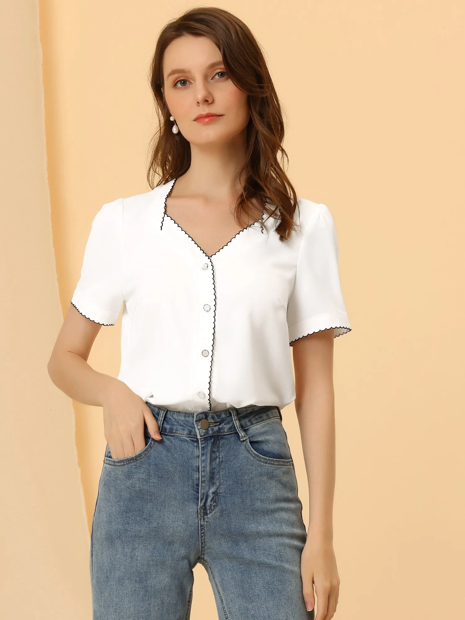 Casual Sweetheart Neck Button Front Contrast Trim Chiffon Blouse sold by Allegra K product image thumbnail 4