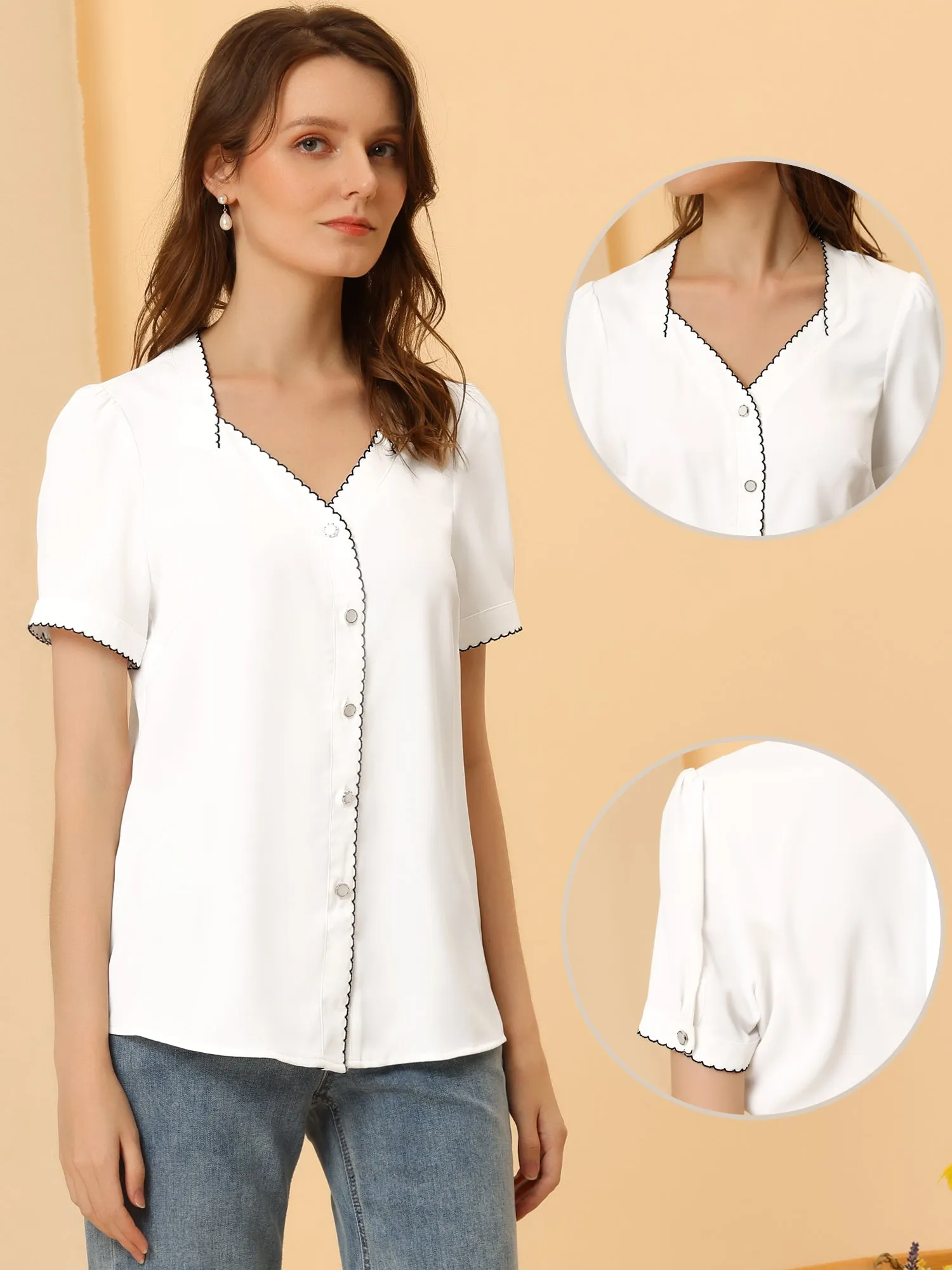 Casual Sweetheart Neck Button Front Contrast Trim Chiffon Blouse sold by Allegra K product image thumbnail 2