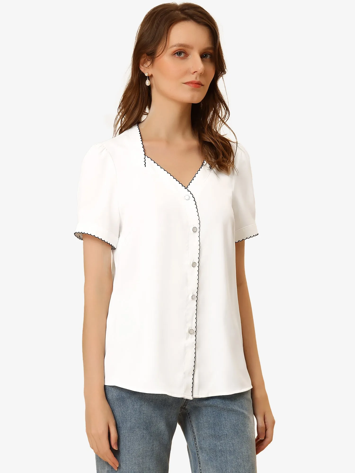 Casual Sweetheart Neck Button Front Contrast Trim Chiffon Blouse sold by Allegra K