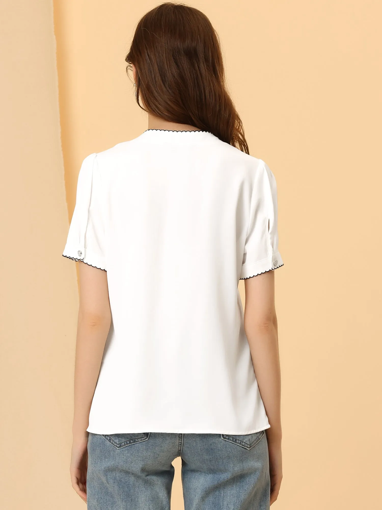 Casual Sweetheart Neck Button Front Contrast Trim Chiffon Blouse sold by Allegra K product image thumbnail 3