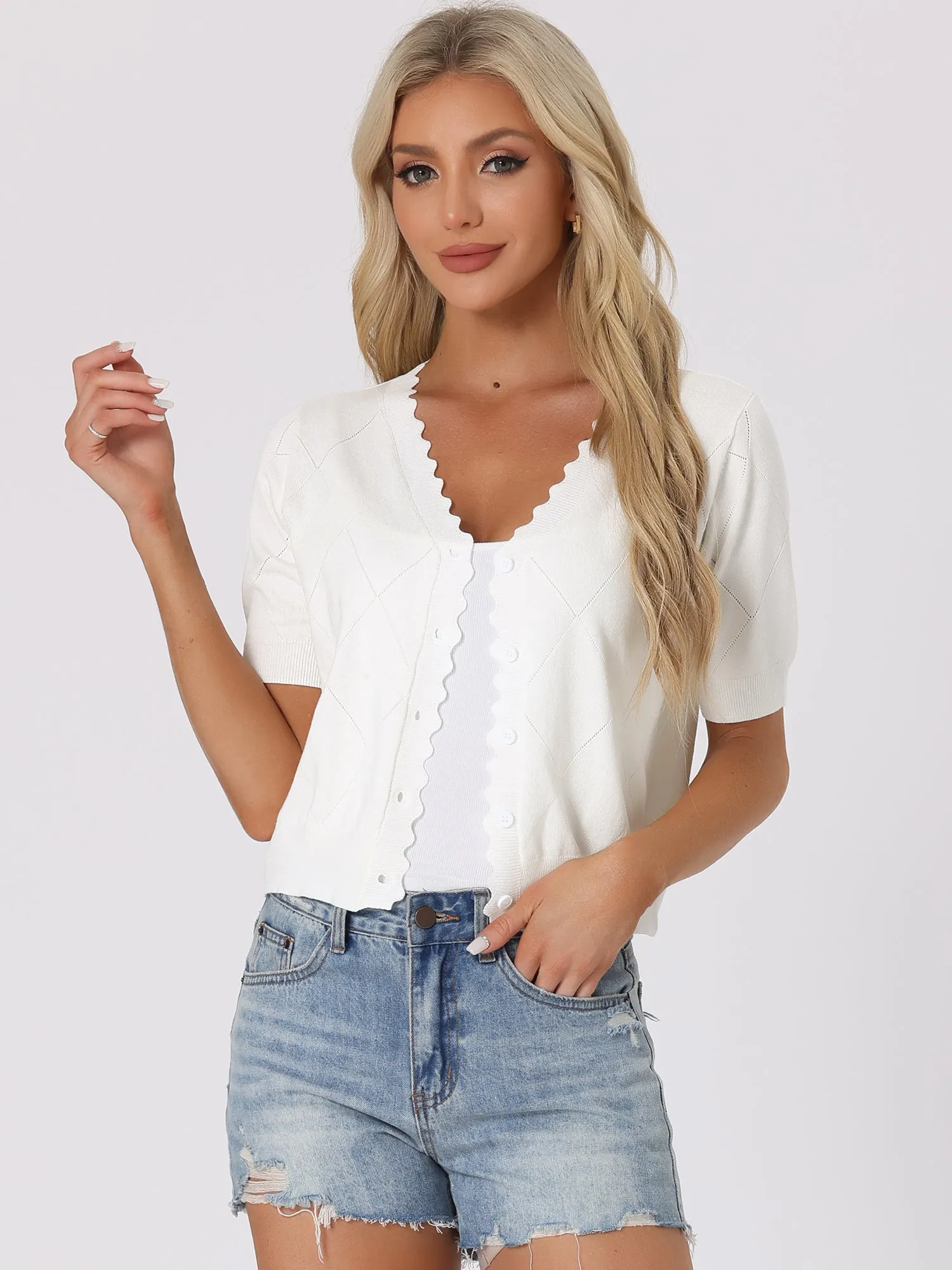 Knit Crop Top Short Sleeves Button Down V Neck Ruffle Sweater Blouse sold by Allegra K product image thumbnail 3