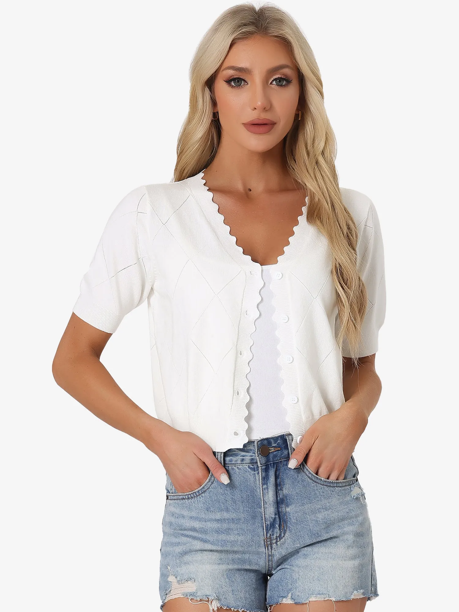 Knit Crop Top Short Sleeves Button Down V Neck Ruffle Sweater Blouse sold by Allegra K