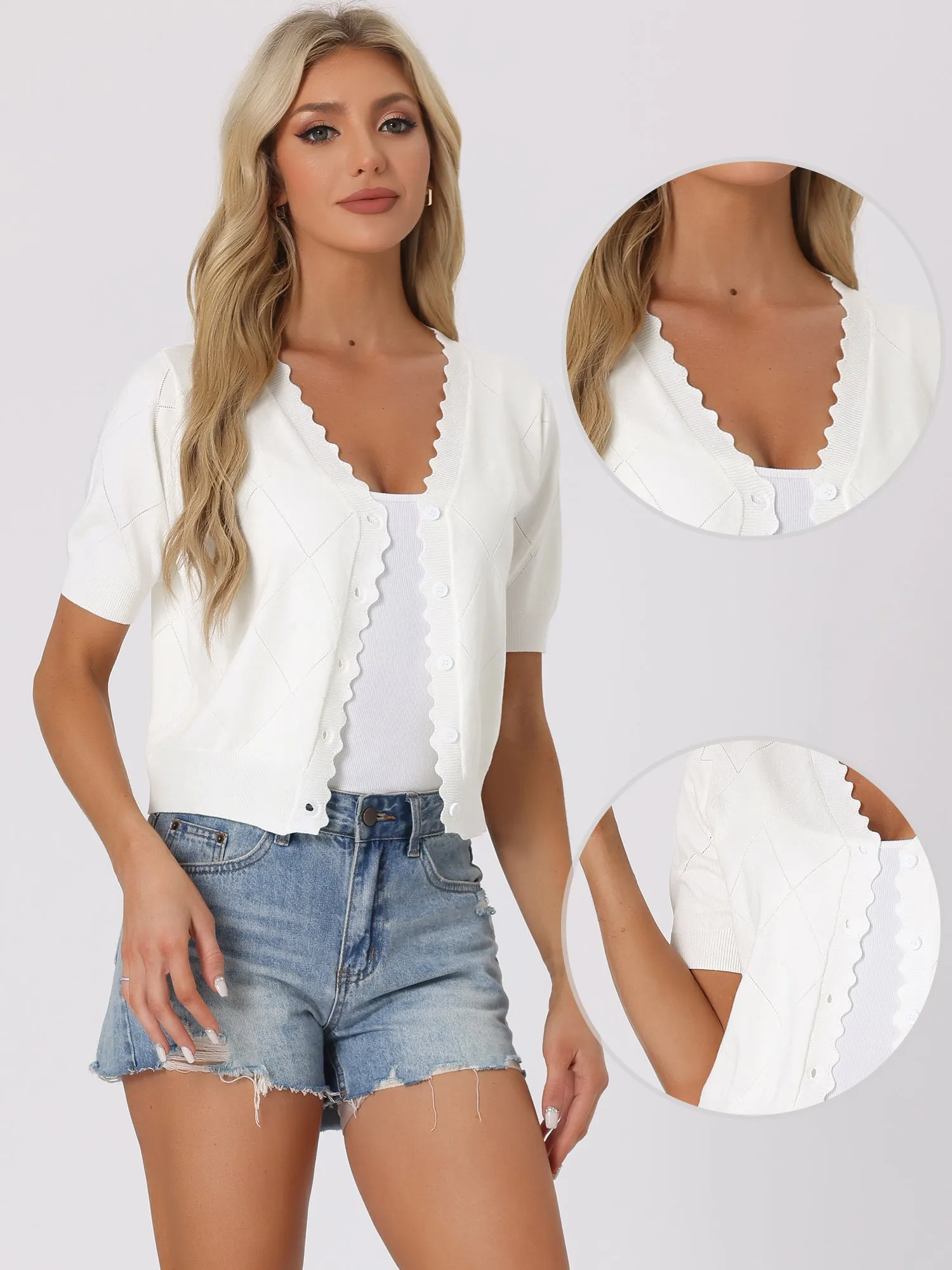 Knit Crop Top Short Sleeves Button Down V Neck Ruffle Sweater Blouse sold by Allegra K product image thumbnail 2